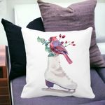 Casa si Gradina - Textile si covoare - Perne si pilote - Perne decorative - Perna Decorativa de Craciun, Patine gheata si Pasare Color, 40x40 cm, Alb mat, Husa Detasabila, Burduf - Infinity.ro