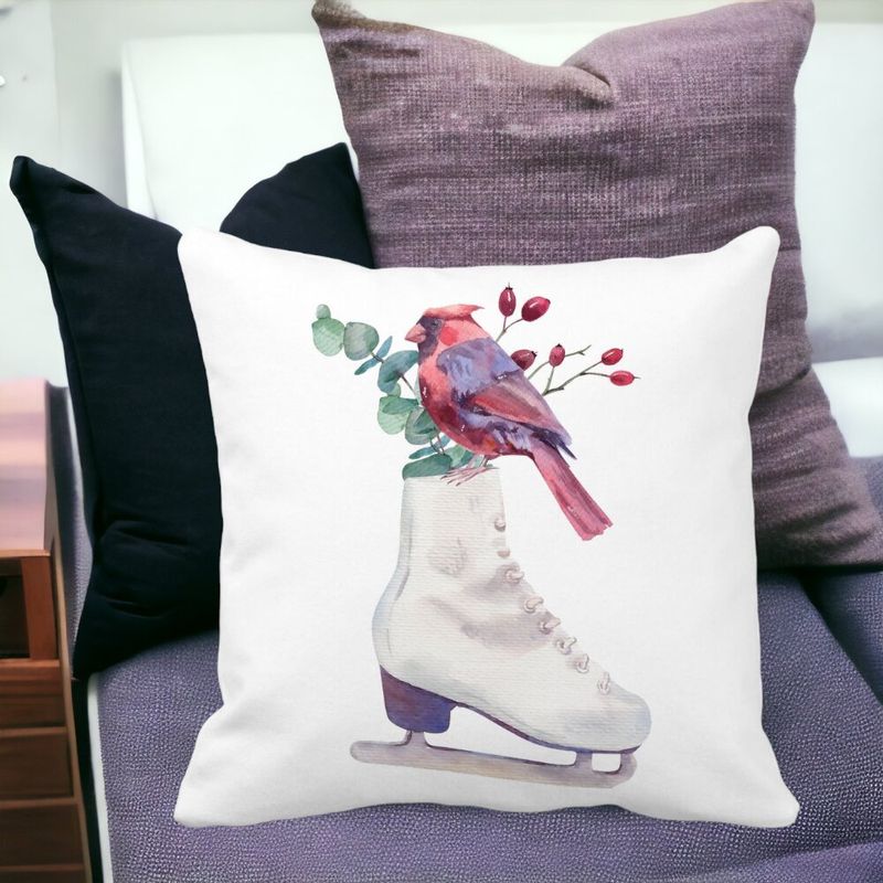 Casa si Gradina - Textile si covoare - Perne si pilote - Perne decorative - Perna Decorativa de Craciun, Patine gheata si Pasare Color, 40x40 cm, Alb mat, Husa Detasabila, Burduf - Infinity.ro