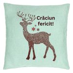 Casa si Gradina - Textile si covoare - Perne si pilote - Perne decorative - Perna Decorativa cu tematica de Craciun, Ren si Text 5, 40x40 cm, Verde Menta, Husa Detasabila, Burduf - Infinity.ro