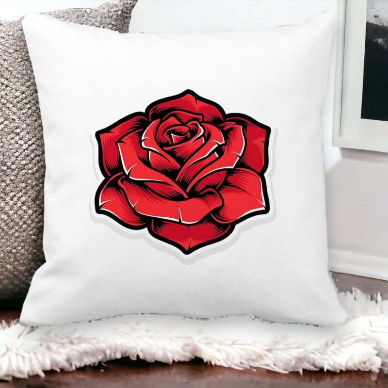 Casa si Gradina - Textile si covoare - Perne si pilote - Perne decorative - Perna Decorativa Patrata cu Trandafir Rosu, 40x40 cm, Alb mat, Husa Detasabila, Burduf - Infinity.ro