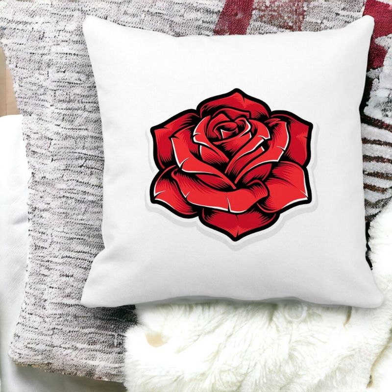 Casa si Gradina - Textile si covoare - Perne si pilote - Perne decorative - Perna Decorativa Patrata cu Trandafir Rosu, 40x40 cm, Alb mat, Husa Detasabila, Burduf - Infinity.ro