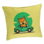 Casa si Gradina - Textile si covoare - Perne si pilote - Perne decorative - Perna Decorativa, Model Pisica cu Masina, 40x40 cm, Verde, Husa Detasabila, Burduf - Infinity.ro