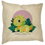 Casa si Gradina - Textile si covoare - Perne si pilote - Perne decorative - Perna Decorativa Patrata Baby Dinozaur Verde cu Peisaj, 40x40 cm, Husa Detasabila, Burduf - Infinity.ro