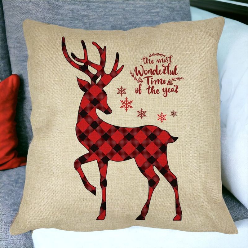 Casa si Gradina - Textile si covoare - Perne si pilote - Perne decorative - Perna Decorativa de Craciun cu Ren si Text 2, 40x40 cm, Husa Detasabila, Burduf - Infinity.ro