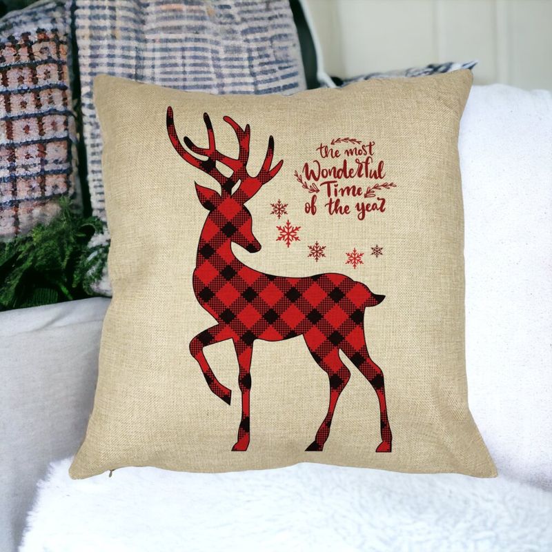 Casa si Gradina - Textile si covoare - Perne si pilote - Perne decorative - Perna Decorativa de Craciun cu Ren si Text 2, 40x40 cm, Husa Detasabila, Burduf - Infinity.ro