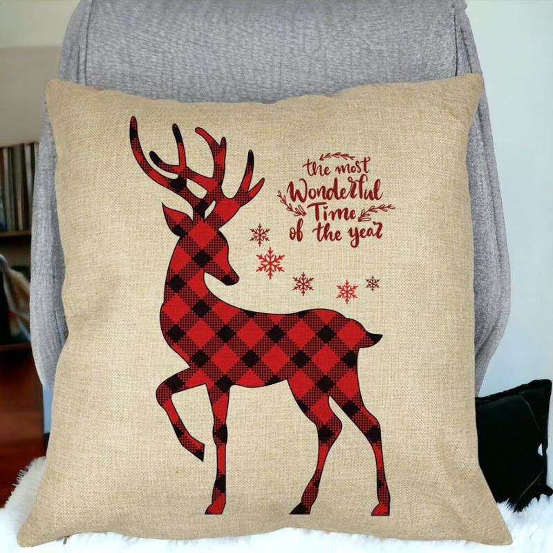 Casa si Gradina - Textile si covoare - Perne si pilote - Perne decorative - Perna Decorativa de Craciun cu Ren si Text 2, 40x40 cm, Husa Detasabila, Burduf - Infinity.ro