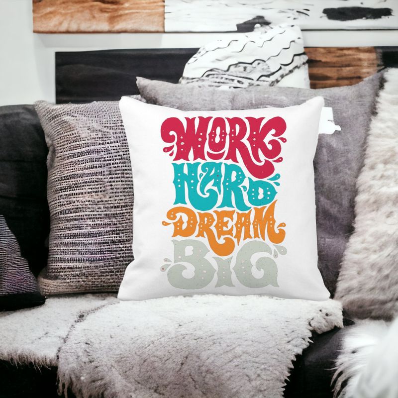 Casa si Gradina - Textile si covoare - Perne si pilote - Perne decorative - Perna Decorativa Patrata Work Hard Dream Big, 40x40 cm, Alb mat, Husa Detasabila, Burduf - Infinity.ro