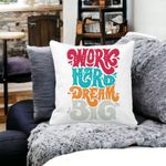 Casa si Gradina - Textile si covoare - Perne si pilote - Perne decorative - Perna Decorativa Patrata Work Hard Dream Big, 40x40 cm, Alb mat, Husa Detasabila, Burduf - Infinity.ro