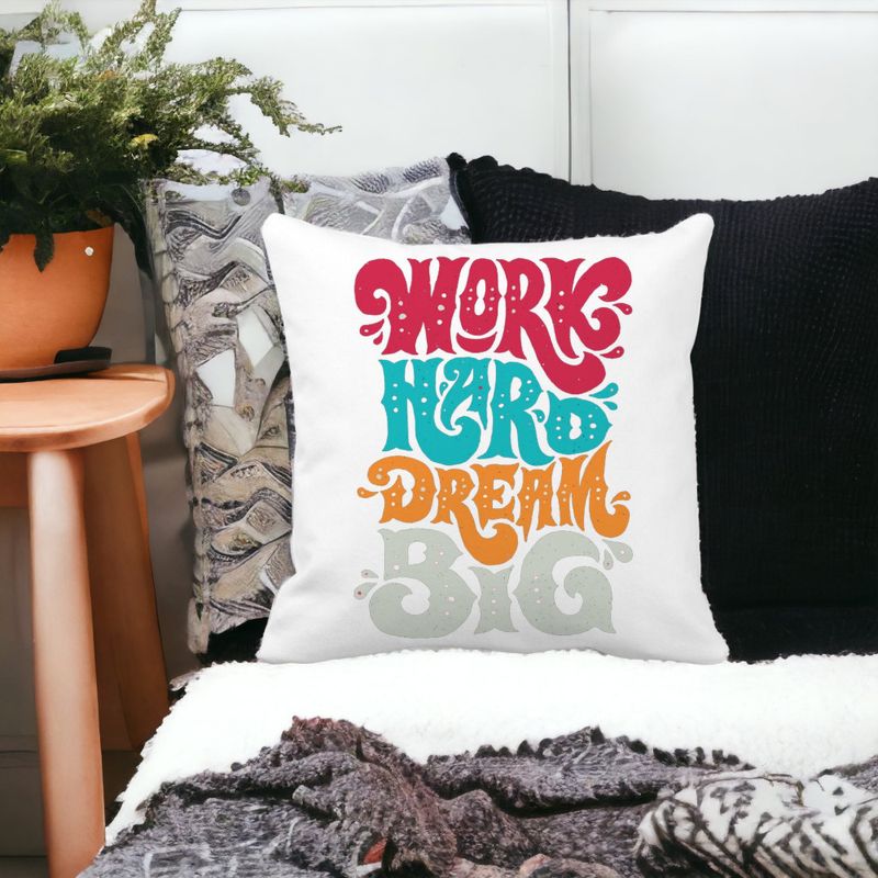 Casa si Gradina - Textile si covoare - Perne si pilote - Perne decorative - Perna Decorativa Patrata Work Hard Dream Big, 40x40 cm, Alb mat, Husa Detasabila, Burduf - Infinity.ro