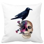 Casa si Gradina - Textile si covoare - Perne si pilote - Perne decorative - Perna Decorativa cu motiv Craniu si Cioara de Halloween, 40x40 cm, Alb mat, Husa Detasabila, Burduf - Infinity.ro