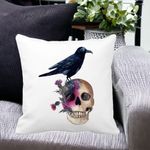Casa si Gradina - Textile si covoare - Perne si pilote - Perne decorative - Perna Decorativa cu motiv Craniu si Cioara de Halloween, 40x40 cm, Alb mat, Husa Detasabila, Burduf - Infinity.ro
