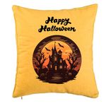 Casa si Gradina - Textile si covoare - Perne si pilote - Perne decorative - Perna Decorativa cu motiv de Halloween si Text, 40x40 cm, Galben, Husa Detasabila, Burduf - Infinity.ro