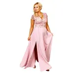 Fashion, accesorii si bijuterii - Femei - Imbracaminte femei - Rochii femei - Rochie CRYSTAL lunga eleganta, broderie, tesatura gabardina, fanta discreta picior, marime 52, plus size, roz pastelat - Infinity.ro