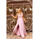 Fashion, accesorii si bijuterii - Femei - Imbracaminte femei - Rochii femei - Rochie CRYSTAL lunga eleganta, broderie, tesatura gabardina, fanta discreta picior, marime 52, plus size, roz pastelat - Infinity.ro
