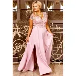 Fashion, accesorii si bijuterii - Femei - Imbracaminte femei - Rochii femei - Rochie CRYSTAL lunga eleganta, broderie, tesatura gabardina, fanta discreta picior, marime 52, plus size, roz pastelat - Infinity.ro