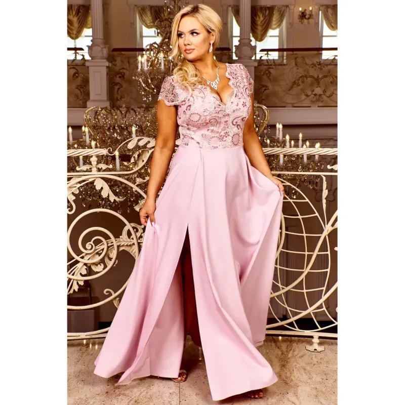 Fashion, accesorii si bijuterii - Femei - Imbracaminte femei - Rochii femei - Rochie CRYSTAL lunga eleganta, broderie, tesatura gabardina, fanta discreta picior, marime 52, plus size, roz pastelat - Infinity.ro