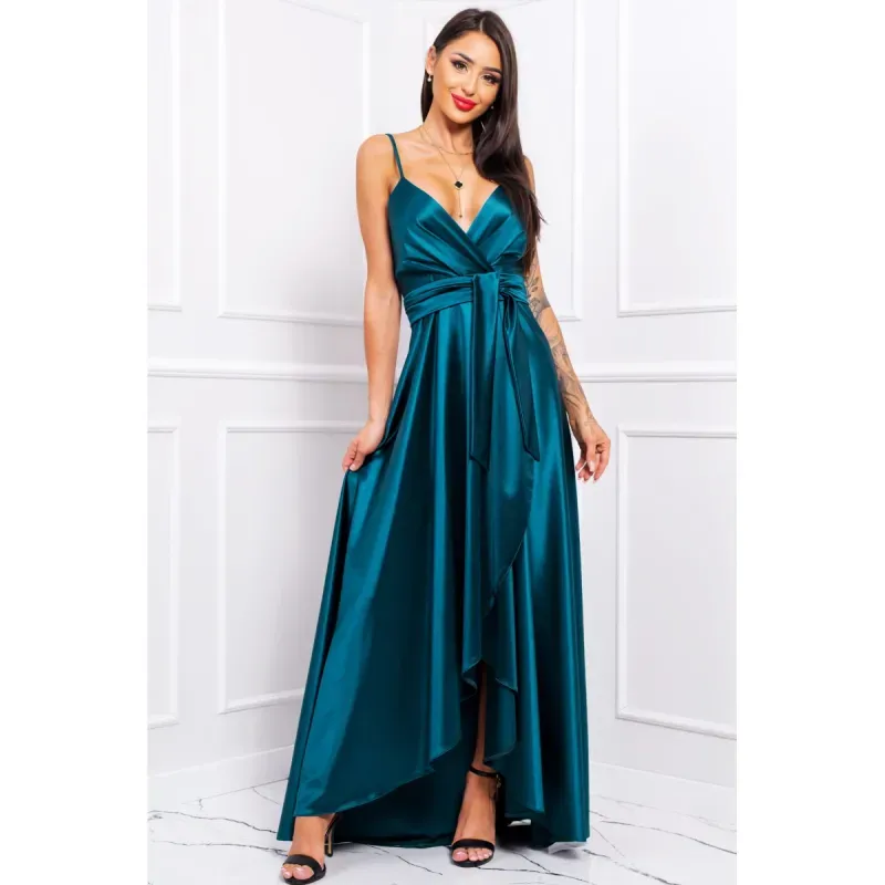 Fashion, accesorii si bijuterii - Femei - Imbracaminte femei - Rochii femei - Rochie LIVIA lunga eleganta din satin, pune in valoare silueta si subliniaza talia, cu fanta pe picior, marime 38, verde - Infinity.ro