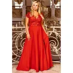 Fashion, accesorii si bijuterii - Femei - Imbracaminte femei - Rochii femei - Rochie CRYSTAL lunga eleganta cu broderie, tesatura garbandina, cu fanta discreta pe picior, marime 52, plus size, rosu - Infinity.ro