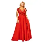 Fashion, accesorii si bijuterii - Femei - Imbracaminte femei - Rochii femei - Rochie CRYSTAL lunga eleganta cu broderie, tesatura garbandina, cu fanta discreta pe picior, marime 52, plus size, rosu - Infinity.ro