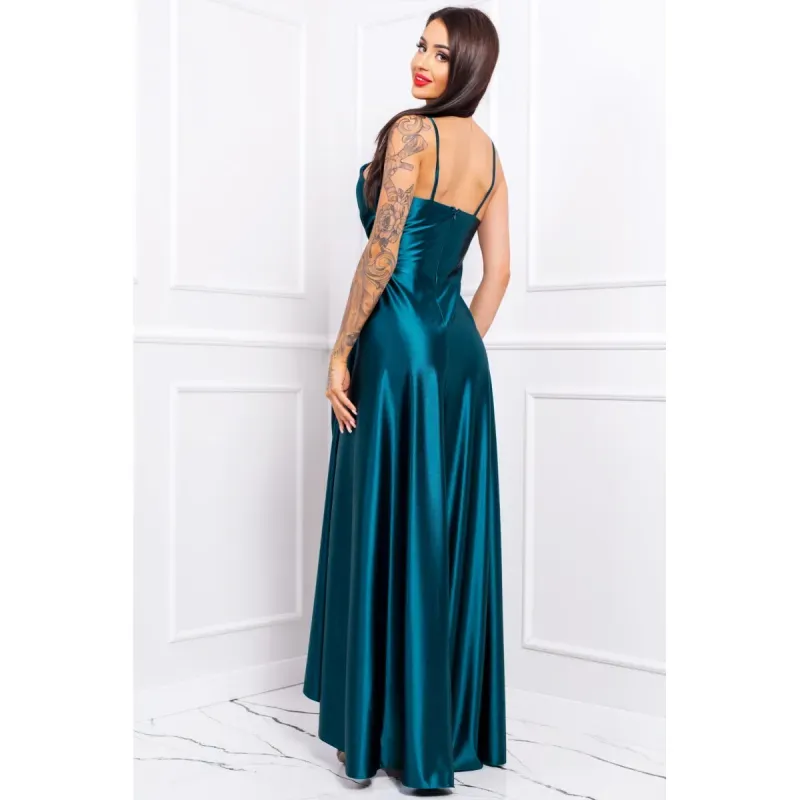 Fashion, accesorii si bijuterii - Femei - Imbracaminte femei - Rochii femei - Rochie LIVIA lunga eleganta din satin, pune in valoare silueta si subliniaza talia, cu fanta pe picior, marime 38, verde - Infinity.ro
