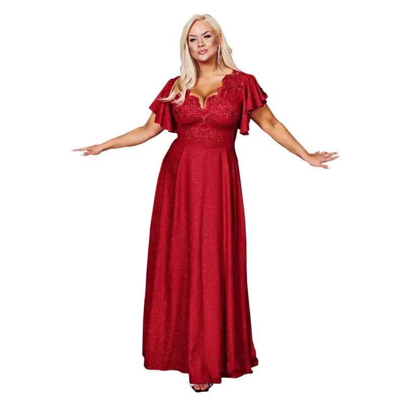 Fashion, accesorii si bijuterii/Femei/Imbracaminte femei/Rochii femei - Rochie LAURA lunga eleganta cu broderie, brocart, cu fanta discreta pe picior, marime 54, plus size, burgundy - Infinity.ro