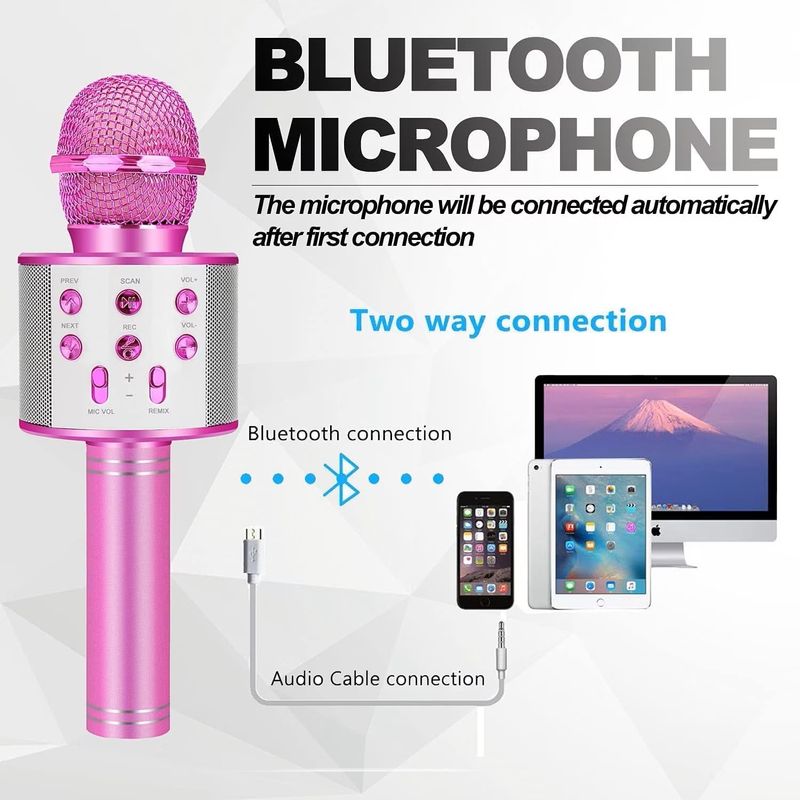 TV, Audio-Video si Foto - Audio profesionale - Microfoane - Microfon Wireless Karaoke MRG MWS858, Bluetooth, Reincarcabil, Boxa, Roz - Infinity.ro