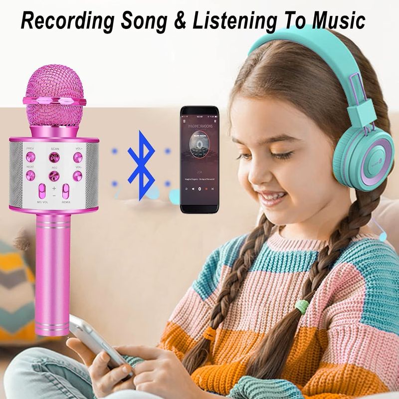 TV, Audio-Video si Foto - Audio profesionale - Microfoane - Microfon Wireless Karaoke MRG MWS858, Bluetooth, Reincarcabil, Boxa, Roz - Infinity.ro