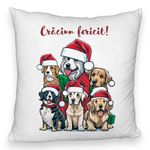 Casa si Gradina - Textile si covoare - Perne si pilote - Perne decorative - Perna Decorativa Fluffy de Craciun cu Catelusi si Text, 40x40 cm, Alb, Husa Detasabila, Burduf - Infinity.ro