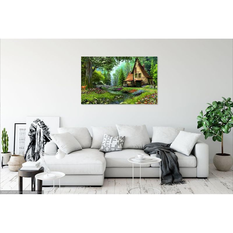 Casa si Gradina - Decoratiuni - Tablouri - Tablou Canvas, Padure, Casuta, Flori, Caprioara, 80 x 50 cm, Rama lemn, Multicolor - Infinity.ro