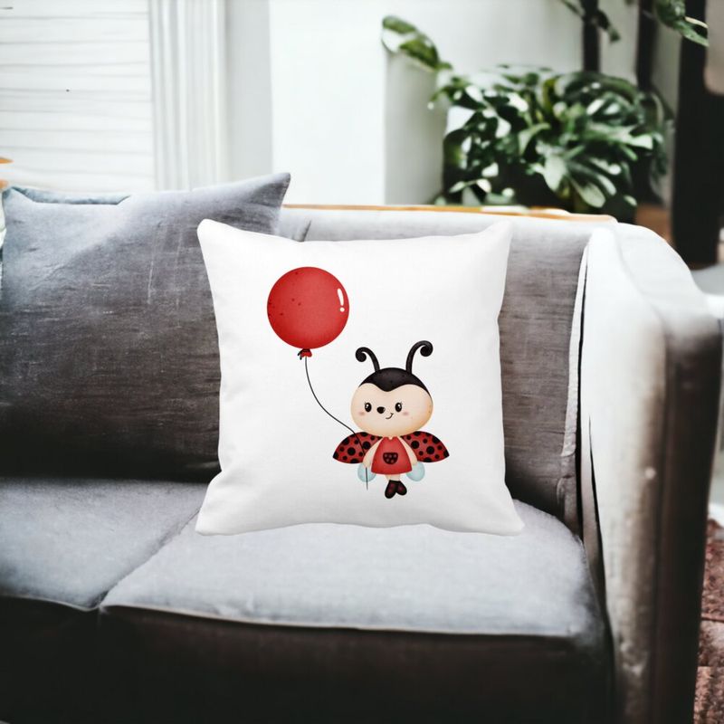 Casa si Gradina - Textile si covoare - Perne si pilote - Perne decorative - Perna Decorativa Buburuza cu Balon, 40x40 cm, Alb mat, Husa Detasabila, Burduf - Infinity.ro