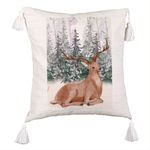Casa si Gradina - Textile si covoare - Perne si pilote - Perne decorative - Perna Decorativa cu Franjuri cu tematica de Craciun, Cerb, 45x45 cm, Ecru, Cu fermoar - Infinity.ro