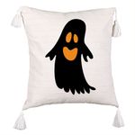 Casa si Gradina - Textile si covoare - Perne si pilote - Perne decorative - Perna Decorativa cu Franjuri cu motiv Fantoma de Halloween 2, 45x45 cm, Ecru, Cu fermoar - Infinity.ro