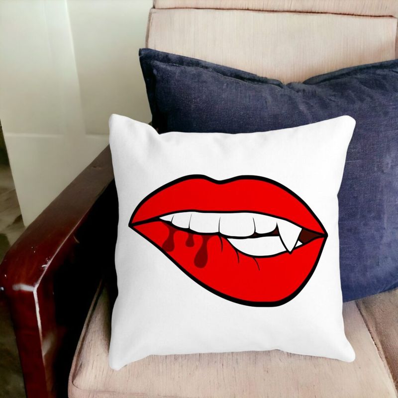 Casa si Gradina - Textile si covoare - Perne si pilote - Perne decorative - Perna Decorativa Buze Femeie si Dinte de Vampir, 40x40 cm, Alb mat, Husa Detasabila, Burduf - Infinity.ro