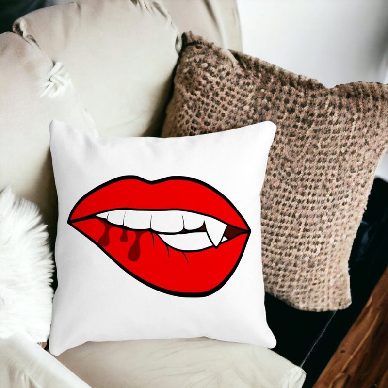 Casa si Gradina - Textile si covoare - Perne si pilote - Perne decorative - Perna Decorativa Buze Femeie si Dinte de Vampir, 40x40 cm, Alb mat, Husa Detasabila, Burduf - Infinity.ro