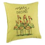 Casa si Gradina - Textile si covoare - Perne si pilote - Perne decorative - Perna Decorativa cu tematica de Craciun, Flamingo si Text, 40x40 cm, Verde, Husa Detasabila, Burduf - Infinity.ro