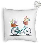 Casa si Gradina - Textile si covoare - Perne si pilote - Perne decorative - Perna Decorativa Fluffy, Model Bicicleta Floarala, 40x40 cm, Alb, Husa Detasabila, Burduf - Infinity.ro