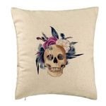 Casa si Gradina - Textile si covoare - Perne si pilote - Perne decorative - Perna Decorativa cu motiv Craniu si Flori de Halloween, 40x40 cm, Bej, Husa Detasabila, Burduf - Infinity.ro