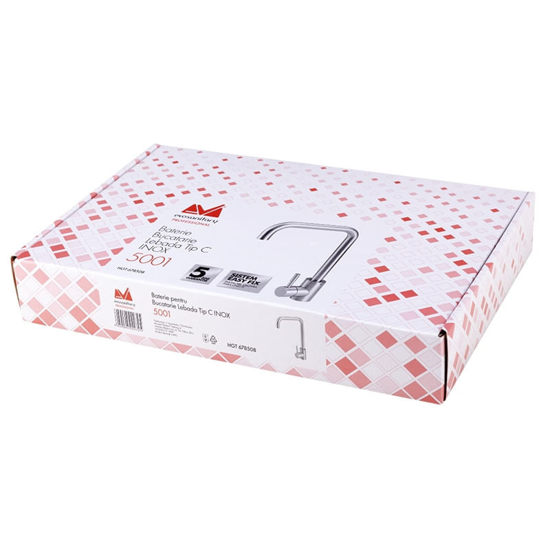 Casa si Gradina - Sanitare - Lavoar baie si accesorii - Baterii sanitare - Baterie bucatarie Evosanitary 5001, tip C, monocomanda, racorduri, cartus ceramic, inox - Infinity.ro