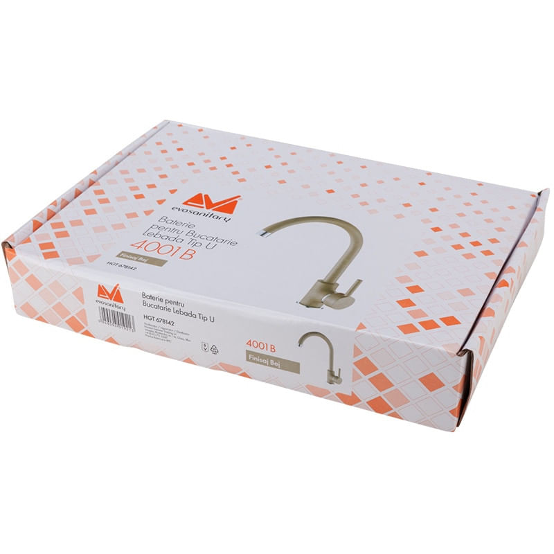 Casa si Gradina - Sanitare - Lavoar baie si accesorii - Baterii sanitare - Baterie bucatarie Evosanitary 4001, tip U, monocomanda, racorduri, bej - Infinity.ro