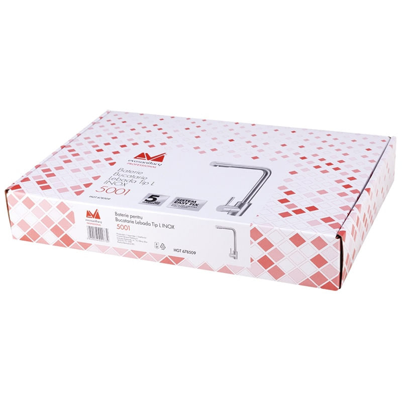 Casa si Gradina - Sanitare - Lavoar baie si accesorii - Baterii sanitare - Baterie bucatarie Evosanitary 5001 ,tip L, monocomanda, racorduri, inox - Infinity.ro