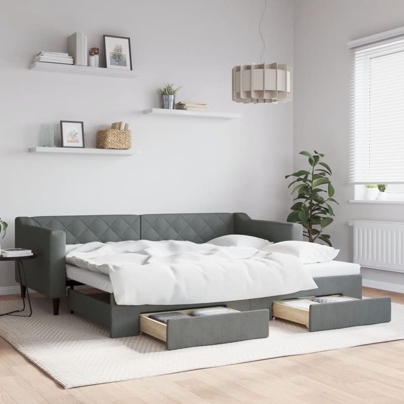 Casa si Gradina - Mobilier - Paturi si accesorii - Paturi - Pat de zi cu extensie si sertare, gri inchis, 90x200 cm textil - Infinity.ro