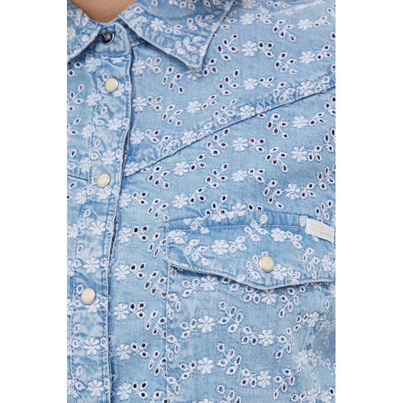 Fashion, accesorii si bijuterii - Femei - Imbracaminte femei - Camasi si bluze femei - Camasa Guess cu prindere frontala si dantela Sangallo XL INTL Albastru - Infinity.ro