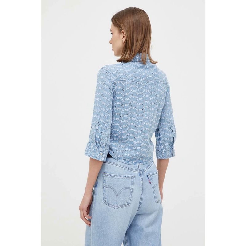 Fashion, accesorii si bijuterii - Femei - Imbracaminte femei - Camasi si bluze femei - Camasa Guess cu prindere frontala si dantela Sangallo XL INTL Albastru - Infinity.ro