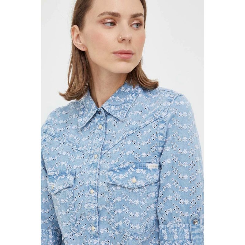 Fashion, accesorii si bijuterii - Femei - Imbracaminte femei - Camasi si bluze femei - Camasa Guess cu prindere frontala si dantela Sangallo XL INTL Albastru - Infinity.ro