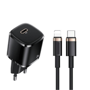 Kit cu incarcator PD 20W si cablu de date USB-C si Lightning, lungime 1.2 m, Negru