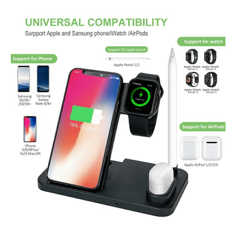 Laptop, Telefoane si Tablete - Telefoane mobile si accesorii - Accesorii Telefoane - Incarcatoare telefoane - Dock incarcare wireless 4in1  pentru iPhone, AirPods, Apple Watch si Pix pentru iPad, cablu Type-C, Negru - Infinity.ro