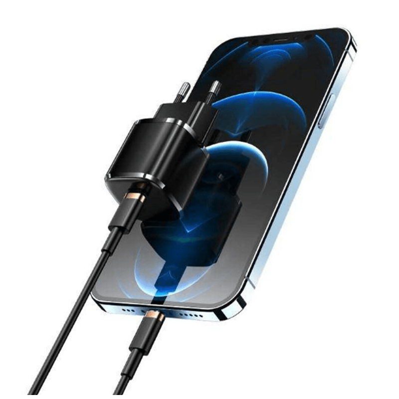 Laptop, Telefoane si Tablete - Telefoane mobile si accesorii - Accesorii Telefoane - Incarcatoare telefoane - Kit cu incarcator PD 20W si cablu de date USB-C si Lightning, lungime 1.2 m, Negru - Infinity.ro