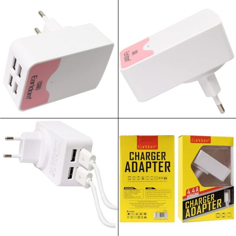 Laptop, Telefoane si Tablete - Telefoane mobile si accesorii - Accesorii Telefoane - Incarcatoare telefoane - Adaptor universal cu 4 porturi USB, tehnologie de incarcare Turbo Charge, 4.4 A, Alb cu Roz - Infinity.ro