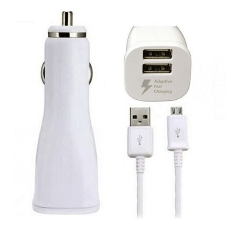 Laptop, Telefoane si Tablete - Telefoane mobile si accesorii - Accesorii Telefoane - Incarcatoare telefoane - Set incarcator auto + cablu de date MicroUSB, 2xUSB, adaptor dual car, Alb - Infinity.ro