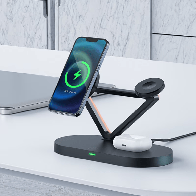 Laptop, Telefoane si Tablete - Telefoane mobile si accesorii - Accesorii Telefoane - Suport si docking telefoane - Suport compatibil cu iPhone cu MagSafe/Apple Watch/AirPods, incarcare  Wireless Qi 15W, Lumina Ambientala, Negru - Infinity.ro